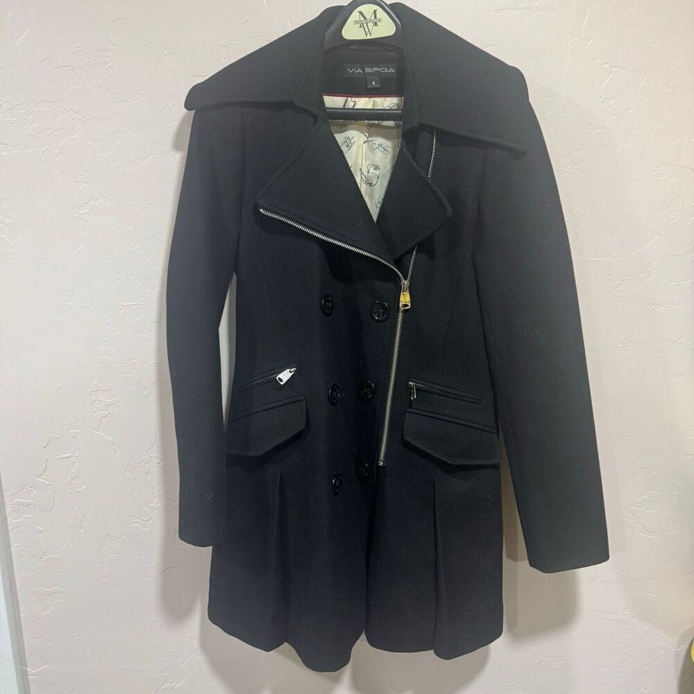 Via Spiga Asymmetrical Front Zipper Double Breasted Wool Blend Coat Size 4 EUC